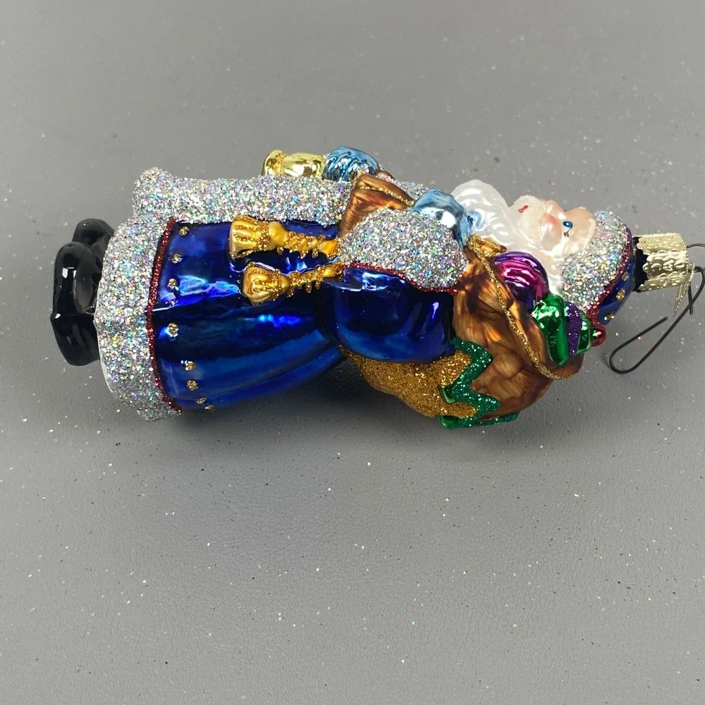Old World Christmas 2 Santa Claus Glass Holiday Glitter Ornaments Blue & Red